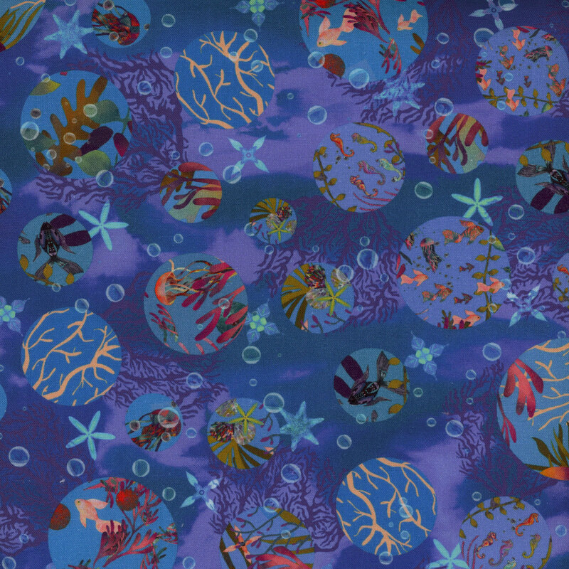 Dark blue fabric featuring bubbles with glimpses of fish, jellyfish, seaweed, and kelp, with coral, amoebas, and starfish in the background