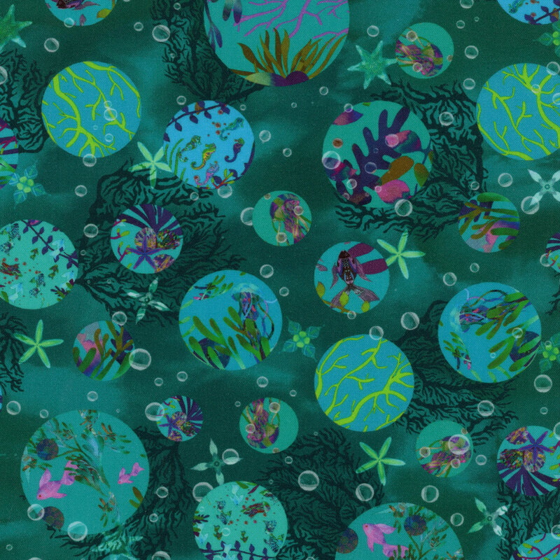 Teal fabric featuring bubbles with glimpses of fish, jellyfish, seaweed, and kelp, with coral, amoebas, and starfish in the background