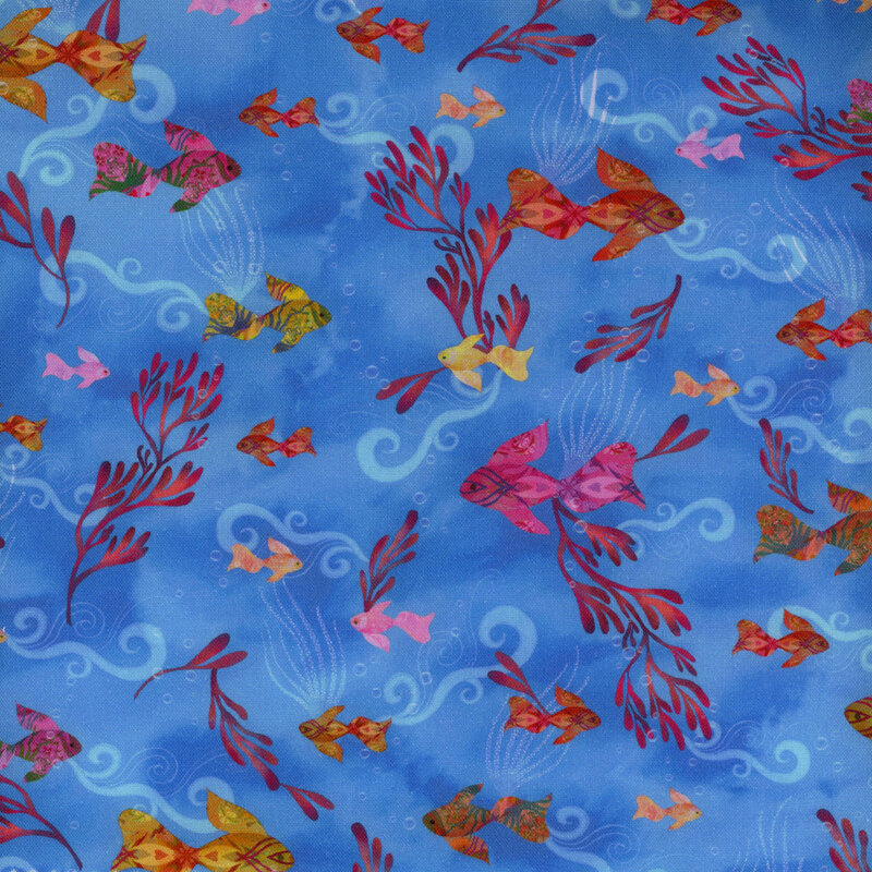 Blue fabric featuring vibrant kelp and fish, with translucent swirls and faded kelp in the background