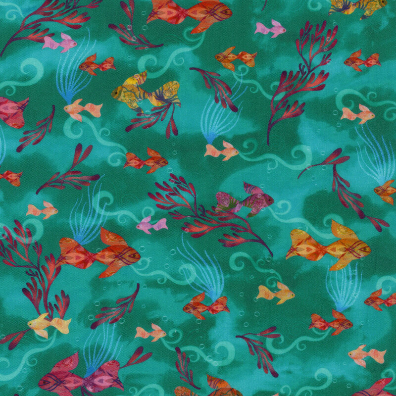 Teal fabric featuring vibrant kelp and fish, with translucent swirls and faded kelp in the background