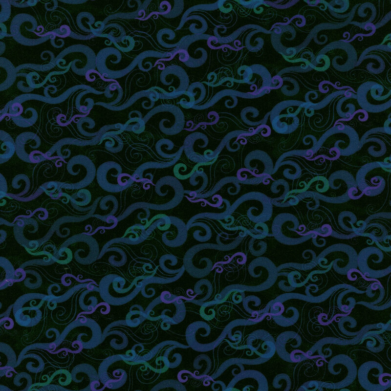 Cloudy black fabric featuring swirls in shades of navy, green, and violet