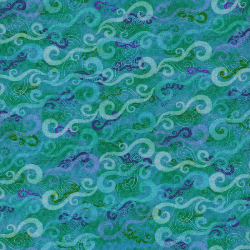 Cloudy aqua fabric featuring swirls in shades of navy, green, and purple