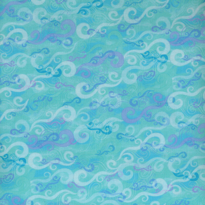 Cloudy aqua fabric featuring swirls in shades of blue and purple