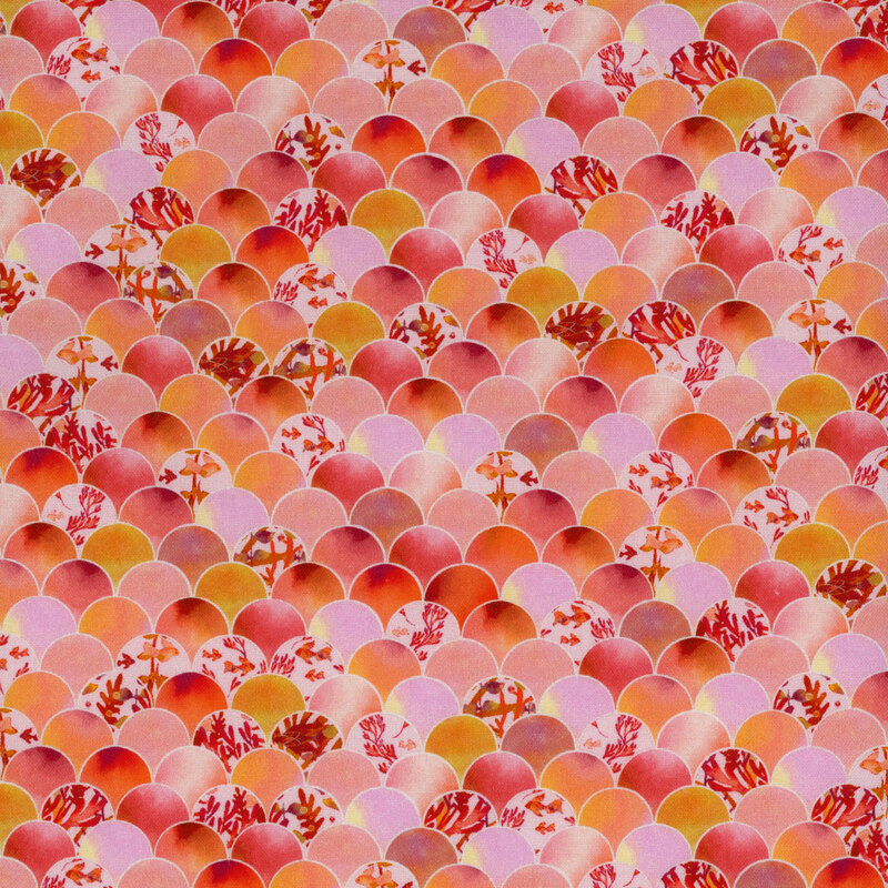 Orange scalloped fabric reminiscent of fish scales, with fish and kelp visible through some of the patterns