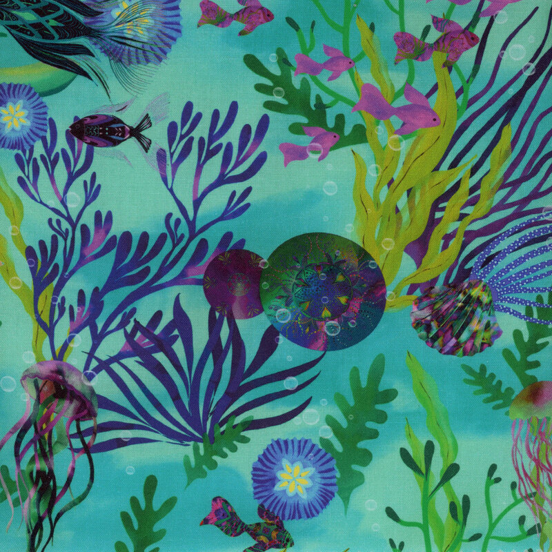 Aqua fabric featuring kelp, seaweed, and various aquatic features such as fish, jellyfish, and iridescent sand dollars