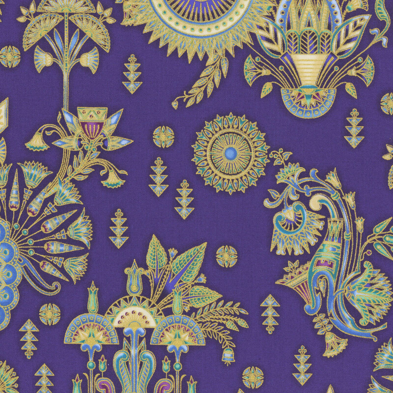 This fabric features aqua blue and purple scrolls and geometric designs on a indigo purple background.