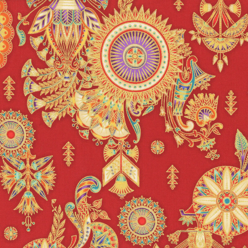 This fabric features aqua blue and purple scrolls and geometric designs on a bright red background.