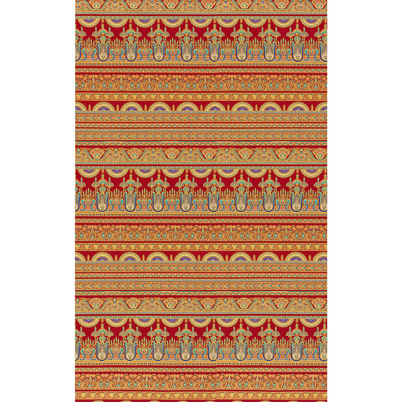 border stripe fabric featuring aqua blue and purple scrolls and geometric designs in border stripe pattern on a bright red background.