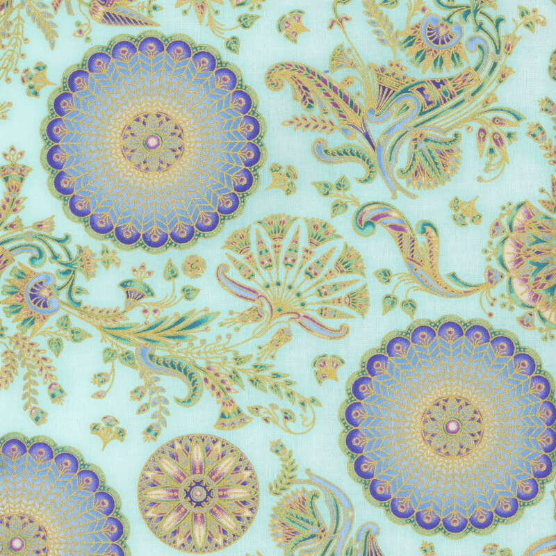 This fabric features dark blue scalloped circles with scrolls and fans in gold metallic on a light aqua blue background.