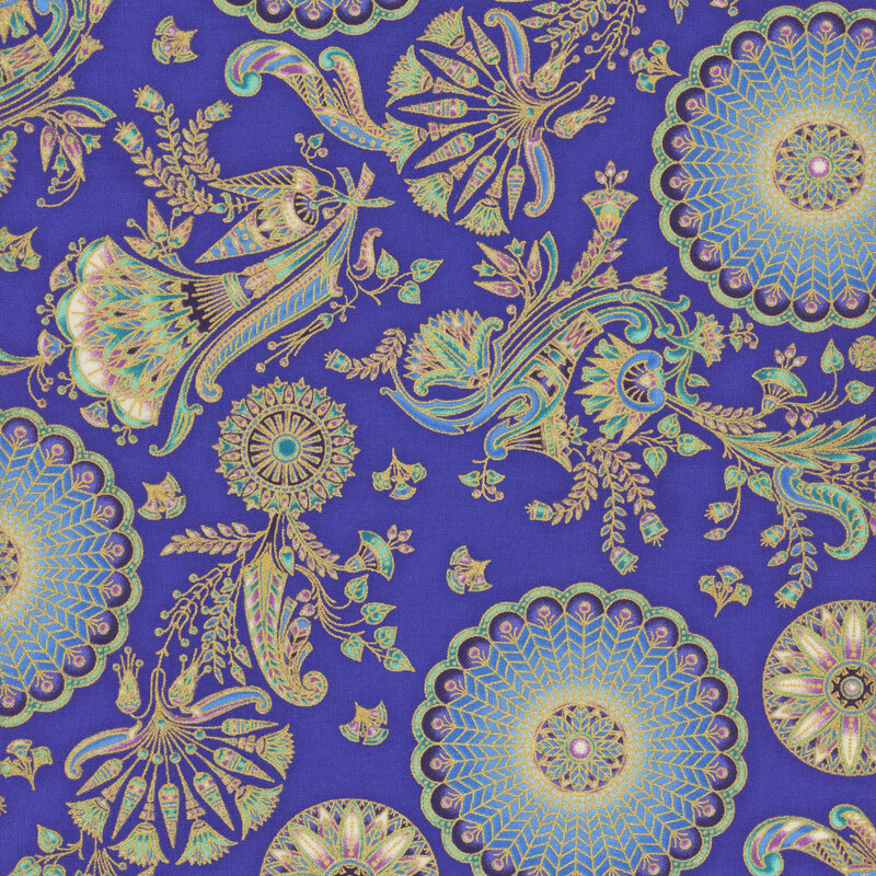 This fabric features dark blue scalloped circles with scrolls and fans in gold metallic on a indigo purple background.