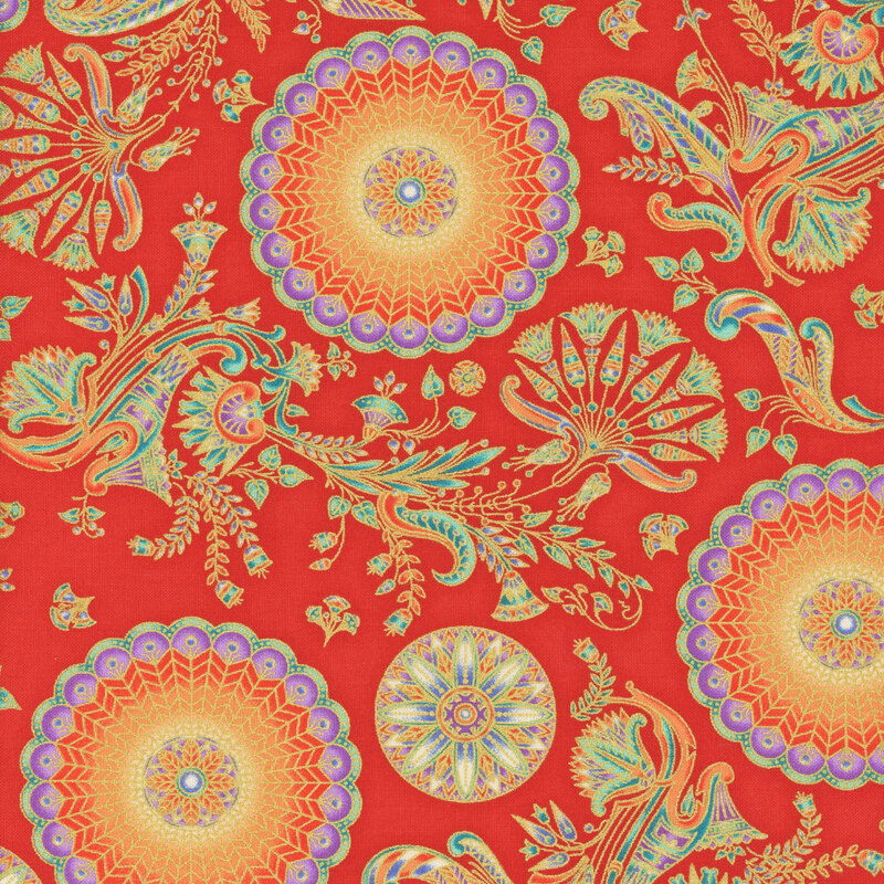 This fabric features purple scalloped circles with scrolls and fans in gold metallic on a bright orange background.