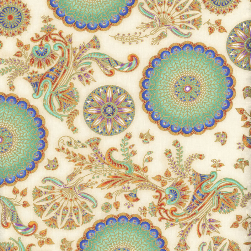 This fabric features blue and aqua scalloped circles with scrolls and fans in gold metallic on a cream background.