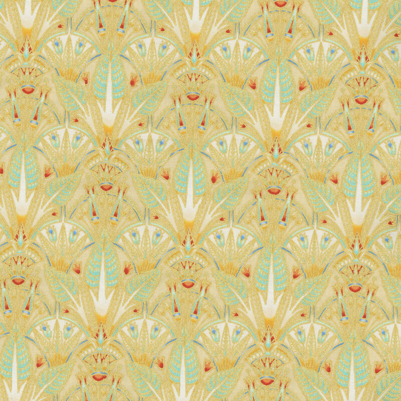 This fabric features leaves, flowers and scallops in metallic gold print on a solid cream background. 