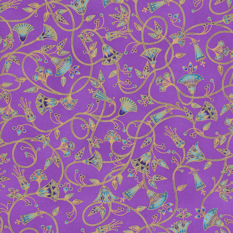 This fabric features gold metallic vines with modern blue flowers on a purple background.