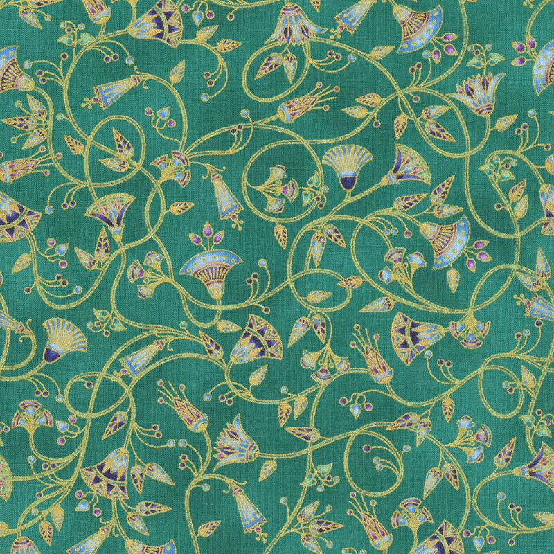 This fabric features gold metallic vines with modern blue flowers on a aqua background.