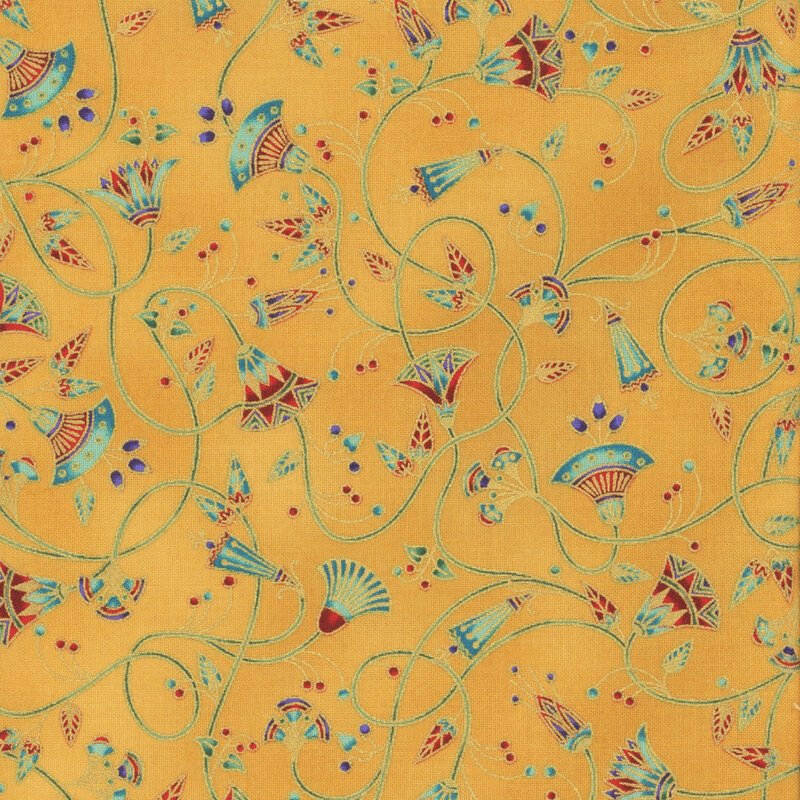 This fabric features gold metallic vines with modern red and blue flowers on a golden yellow background.