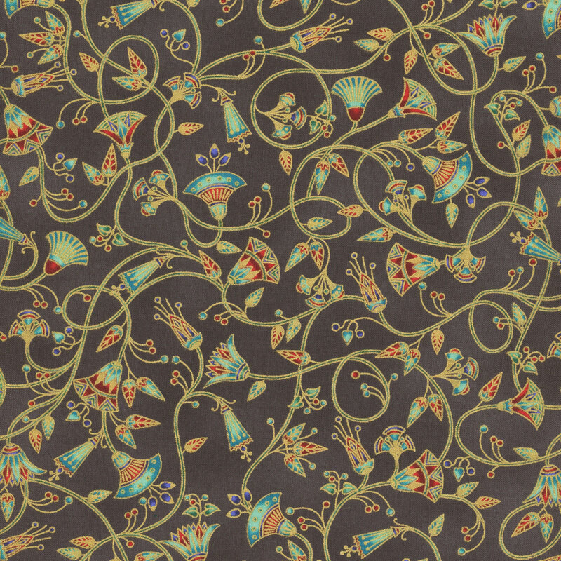 This fabric features gold metallic vines with modern red and blue flowers on a gray background.