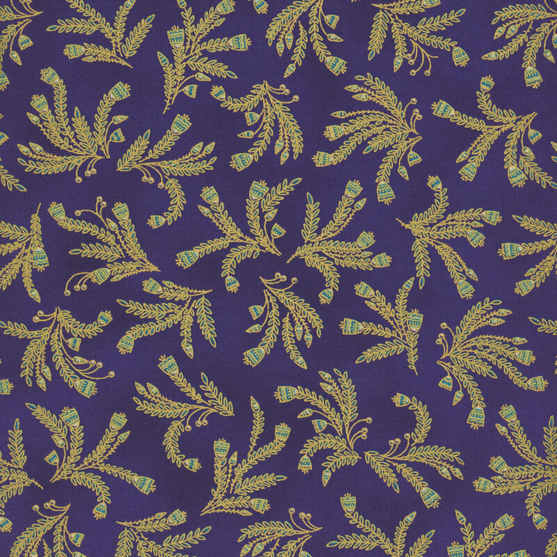 This fabric features bunches of gold metallic vines on a dark blue background.