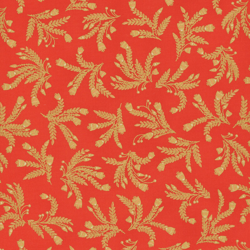 This fabric features bunches of gold metallic vines on a red orange background.