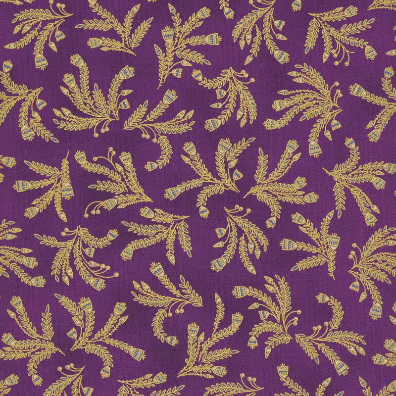 This fabric features bunches of gold metallic vines on a royal purple background.