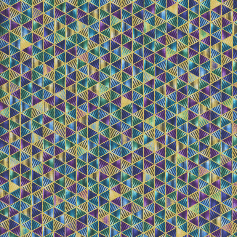 This fabric features purple, blue, yellow, aqua and green striped triangles divided by gold metallic lines.