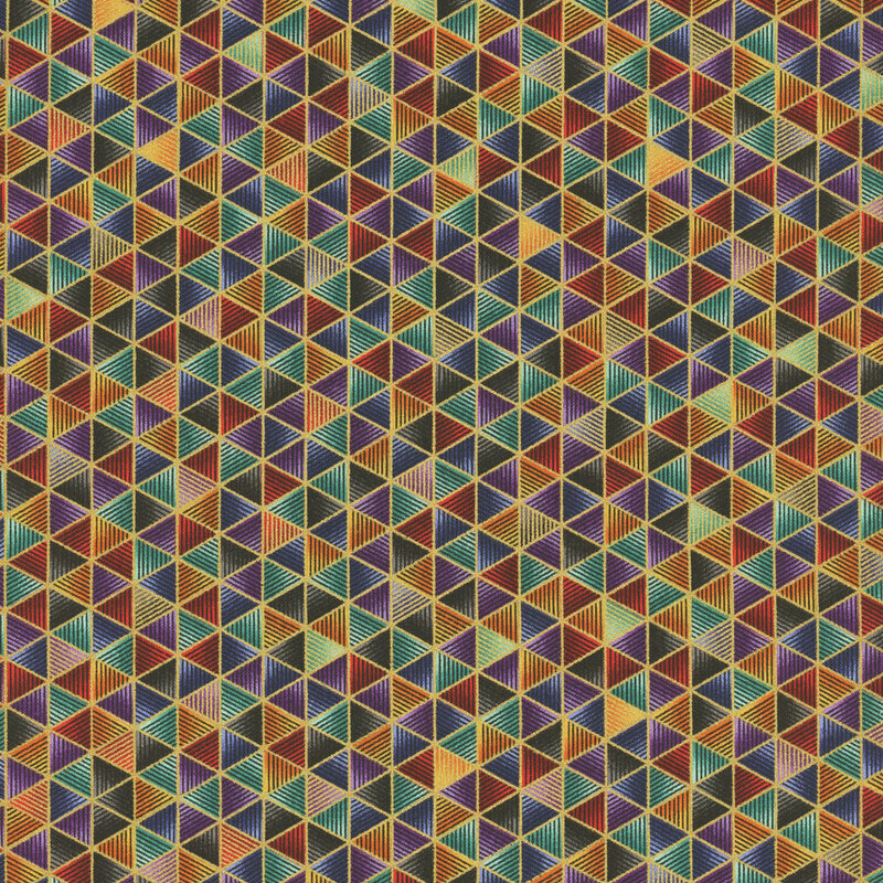 This fabric features purple, red, yellow, aqua and green striped triangles divided by gold metallic lines.