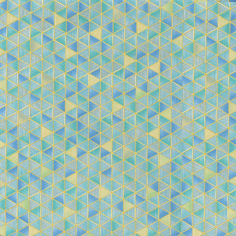 This fabric features tonal aqua, blue and green striped triangles divided by gold metallic lines.
