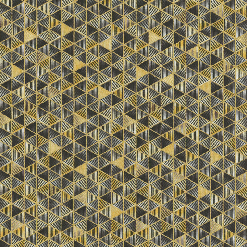 This fabric features tonal black, gray and golden yellow striped triangles divided by gold metallic lines.