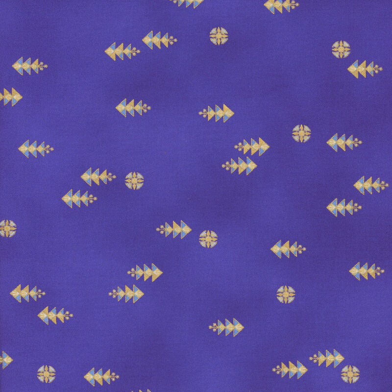 This fabric features stacked triangle motifs with light blue and circular motifs on a mottled royal blue indigo background.