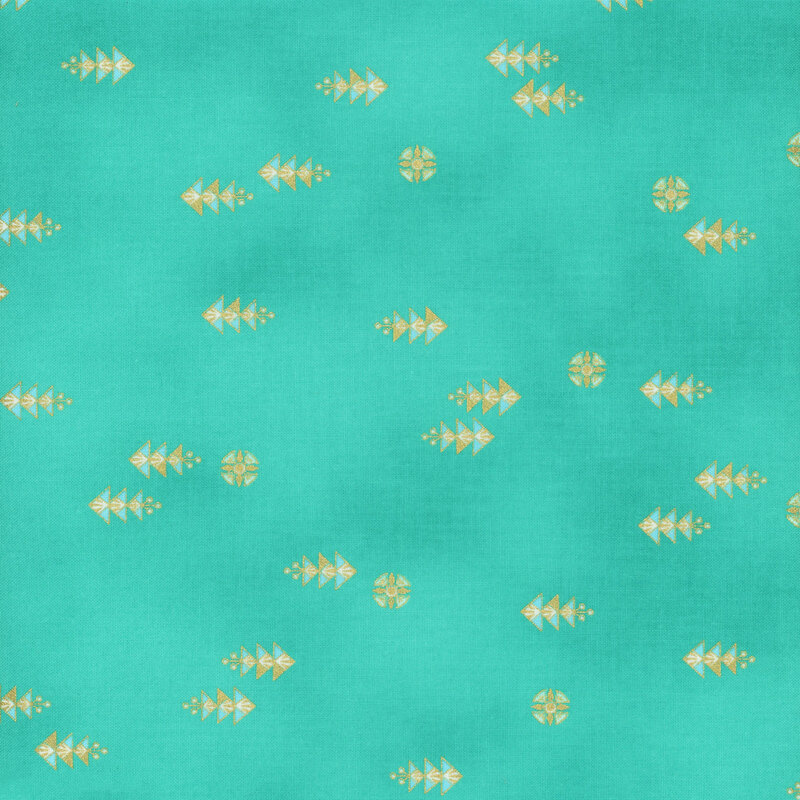 This fabric features stacked triangle motifs with light blue and circular motifs on a mottled aqua background.
