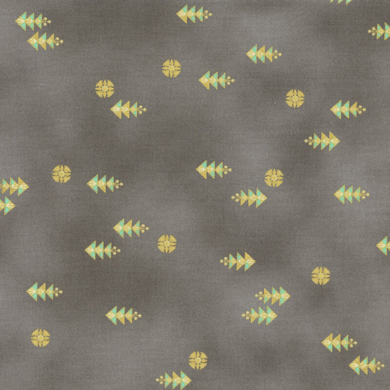 This fabric features stacked triangle motifs with light aqua and circular motifs on a mottled gray background.