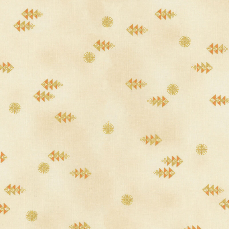 This fabric features stacked triangle motifs with bright orange and circular motifs on a mottled cream background.