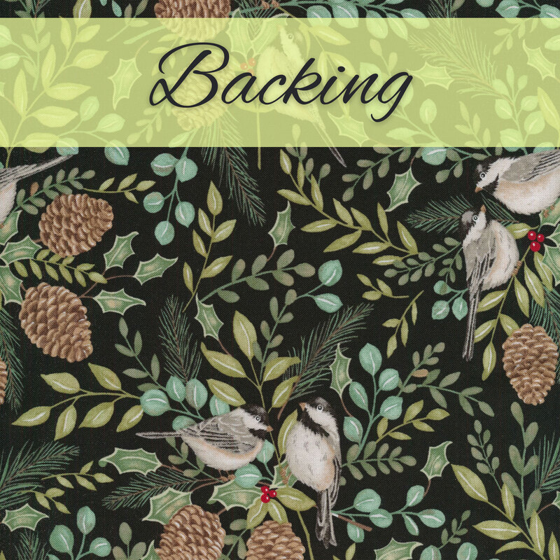 fabric with birds perched in foliage with pinecones on a solid black background with a pale green banner at the top with the word 