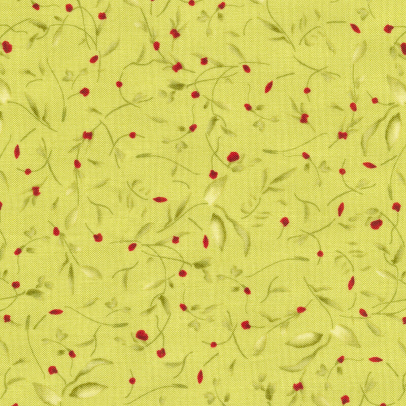A bright green fabric with tossed sprigs and small red florals all over