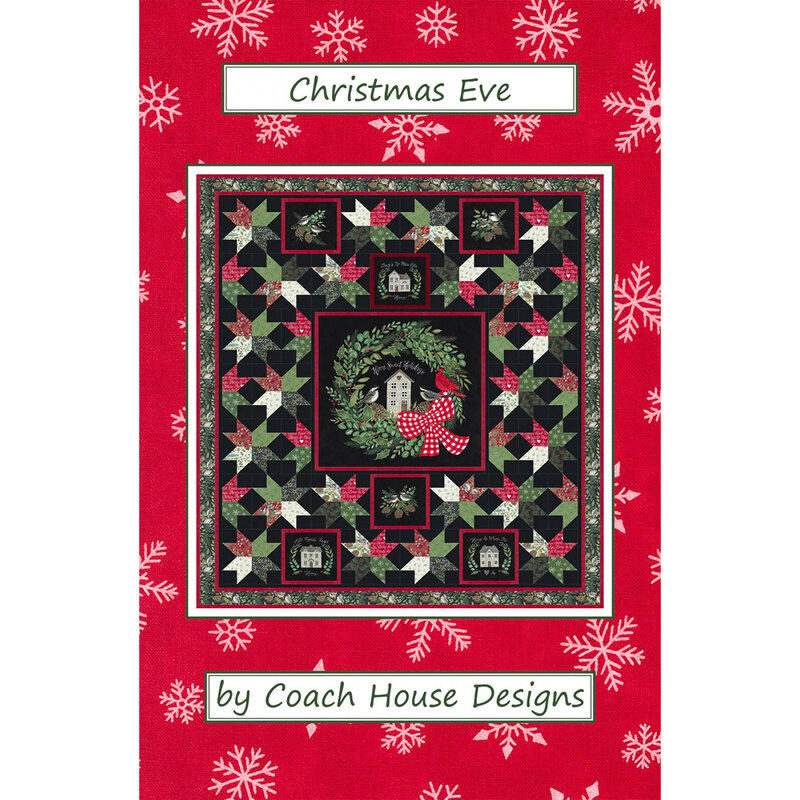 The front of the Christmas Eve Quilt pattern by Coach House Designs featuring a black Christmas quilt on a red background