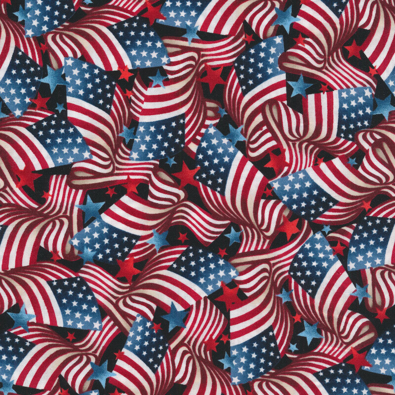 Patriotic red, white, and blue fabric with packed American flags and stars against a black background