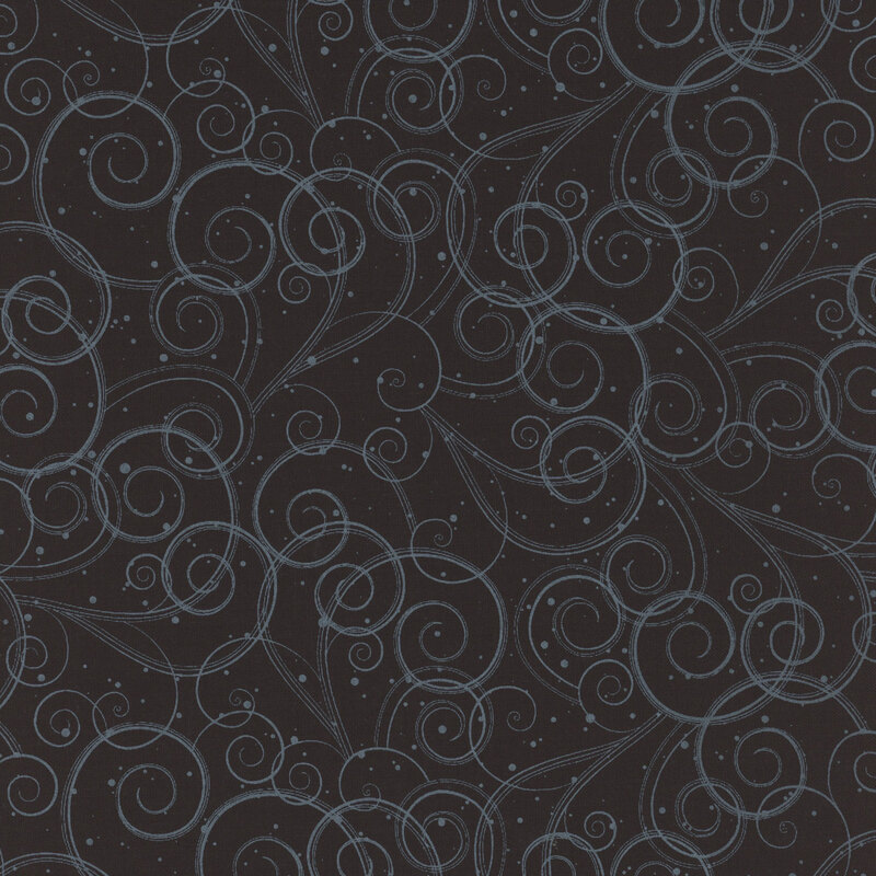 This fabric features lovely tonal gray swirls on a solid black background.
