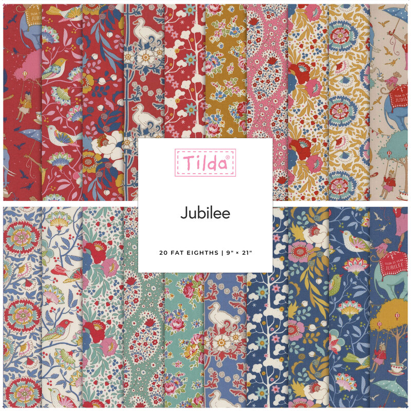 collage of all fabrics included in Jubilee F8 Set by Tilda 