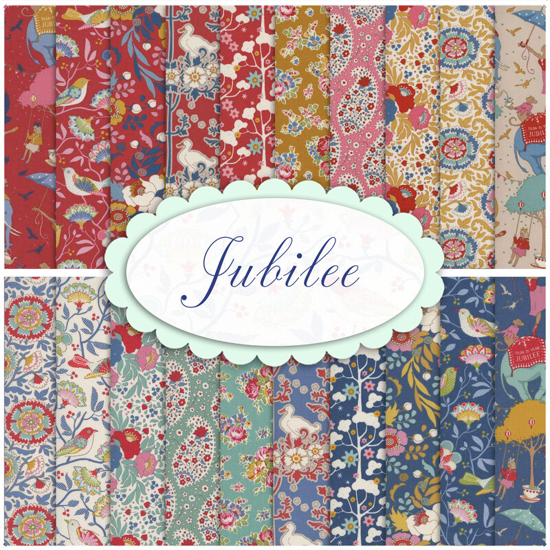 collage of all fabrics included in Jubilee collection by Tilda 
