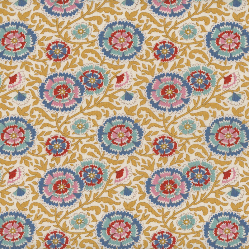 This fabric features golden yellow vines with blue, pink, red and aqua layered flowers on a cream background.