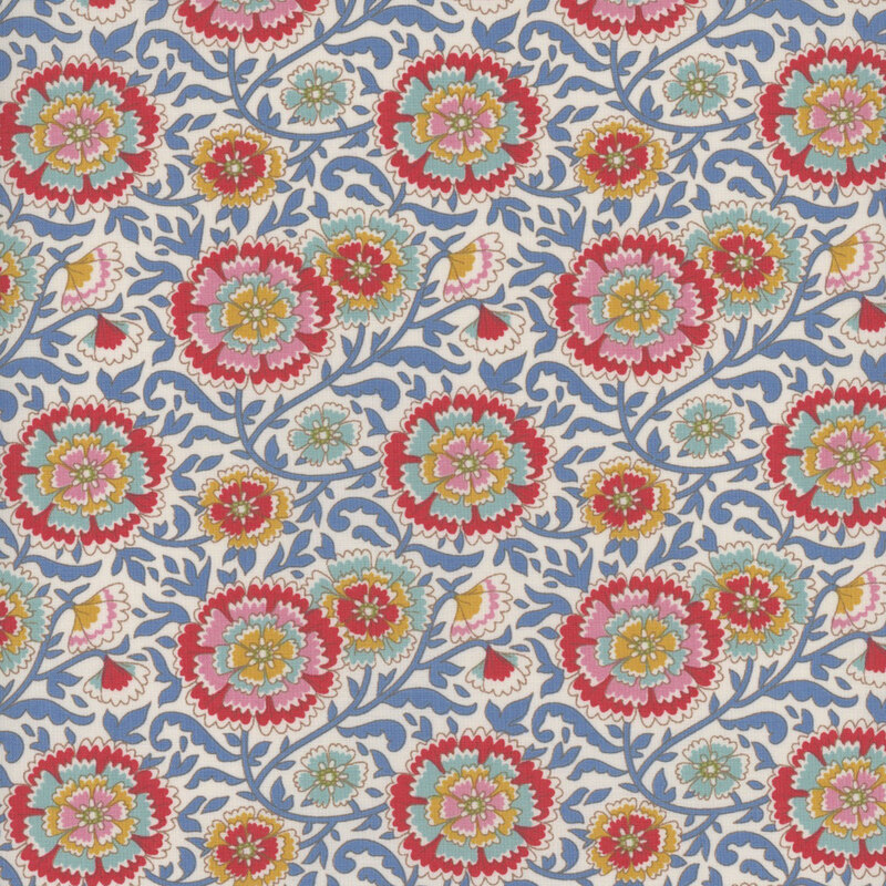 This fabric features dark blue vines with yellow, pink, red and aqua layered flowers on a cream background.
