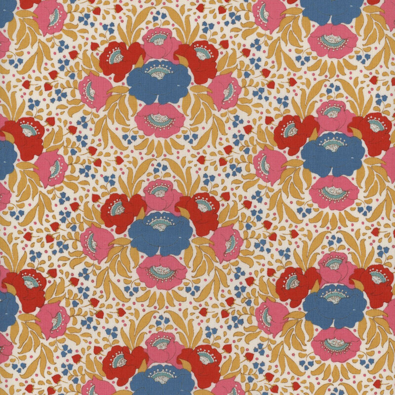 This fabric features large blue, pink and red flowers with golden yellow leaves and ditsy red and blue flowers on a solid cream background.
