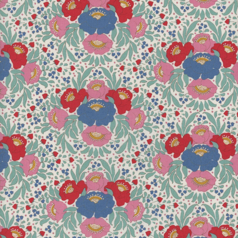 This fabric features large blue, pink and red flowers with aqua leaves and ditsy red and blue flowers on a solid cream background.