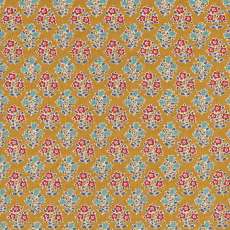 This fabric features a repeating print of red flowers with pink centers and aqua teal flowers, both with dark blue leaves on a solid mustard yellow background.