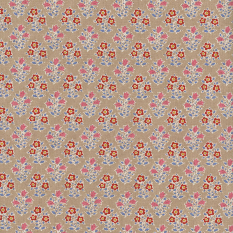This fabric features a repeating print of red flowers with yellow centers and pink flowers, both with dark blue leaves on a solid tan background.