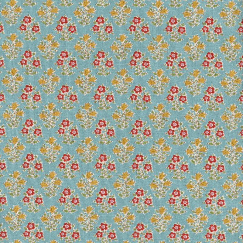 This fabric features a repeating print of red flowers with pink centers and yellow flowers, both with bright green leaves on a solid aqua background.