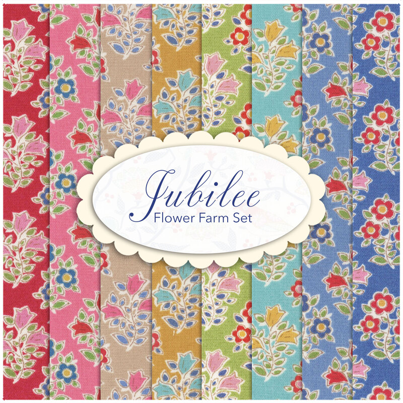 collage of all fabrics included in Jubilee Flower Farm fat eighths set