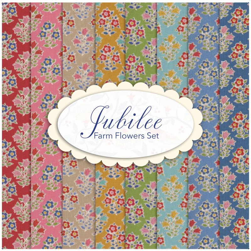 collage of all fabrics included in Jubilee Flower Farm fat eighths set