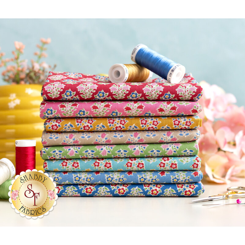 stack of fabrics included in Jubilee Flower Farm fat quarter set