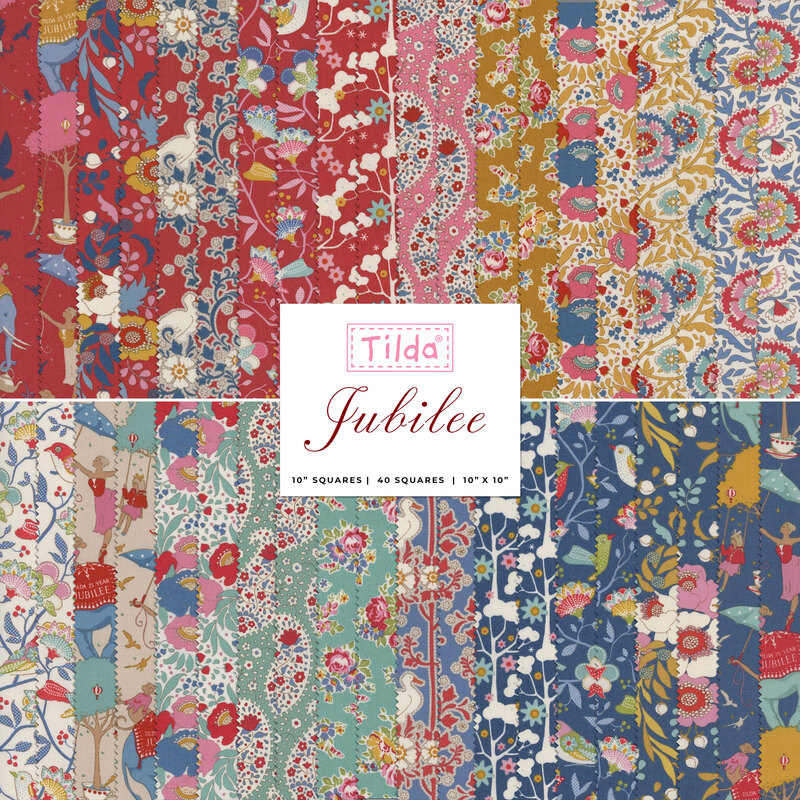 collage of all fabrics included in Jubilee layer cake 